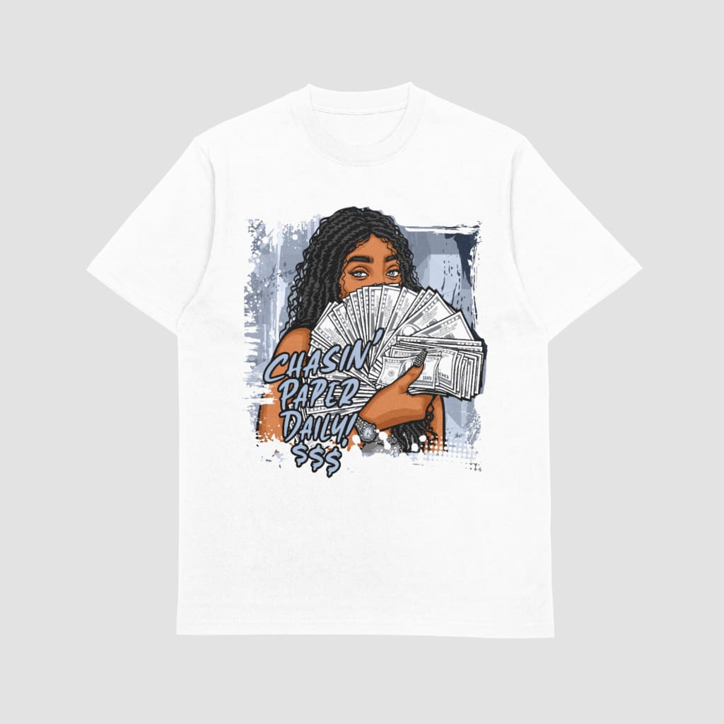 A white t-shirt with an image of a woman holding a cat.