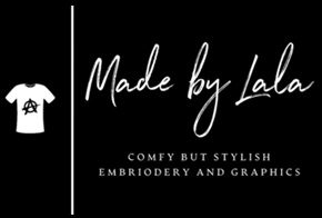 A black and white logo for made by laila